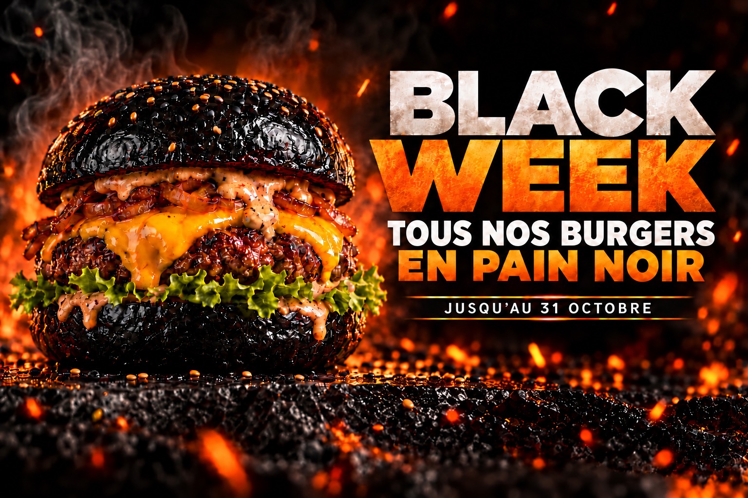 Black Week — tous nos burgers en pain noir jusqu’au 31 octobre. Commande en ligne : Précisez le pain souhaité dans la note de commande. Sans précision, tous nos burgers seront servis avec un pain noir jusqu’au 31 octobre.