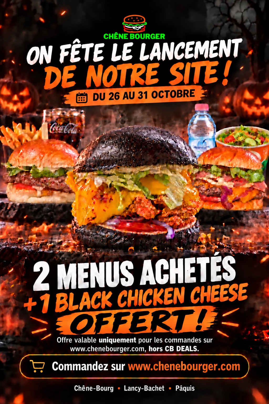 On fête le lancement de notre site ! Du 26 au 31 octobre : 2 menus achetés, 1 Black Chicken Cheese offert. Offre valable uniquement pour les commandes sur le site, hors CB DEALS. Commandez sur www.chenebourger.com. Chêne-Bourg, Lancy-Bachet, Pâquis.