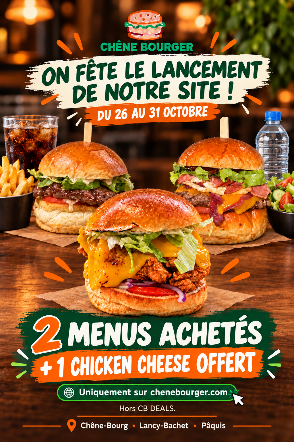 Offre de lancement du 26 au 31 octobre : 2 menus achetés, 1 Chicken Cheese offert. Un menu avec frites et cola, un menu avec salade et eau. Commandes sur chenebourger.com, hors CB DEALS.